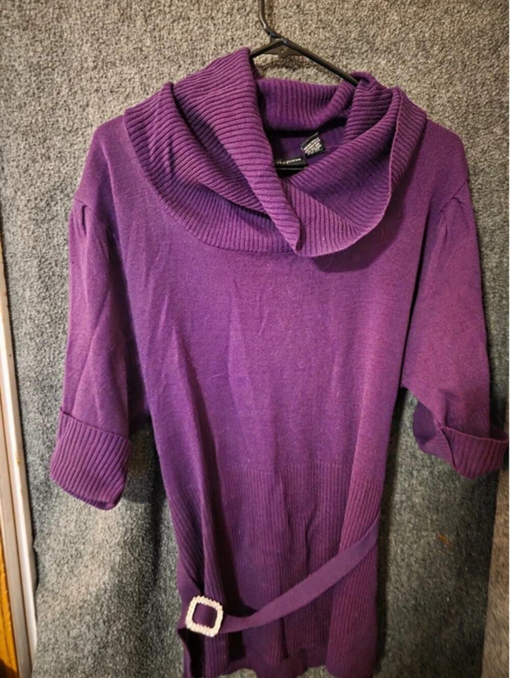 Jennifer Lauren Plus Womens Purple Cowl Neck Belted Rhinestone Buckle Sweater